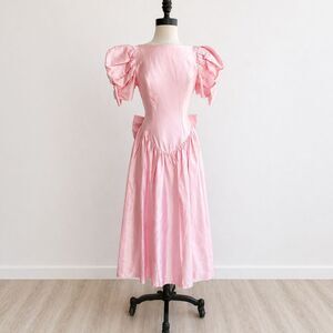 Vintage 80s Pink Satin Puff Sleeve Dress Size 4 Petite Bow Satin Coquette